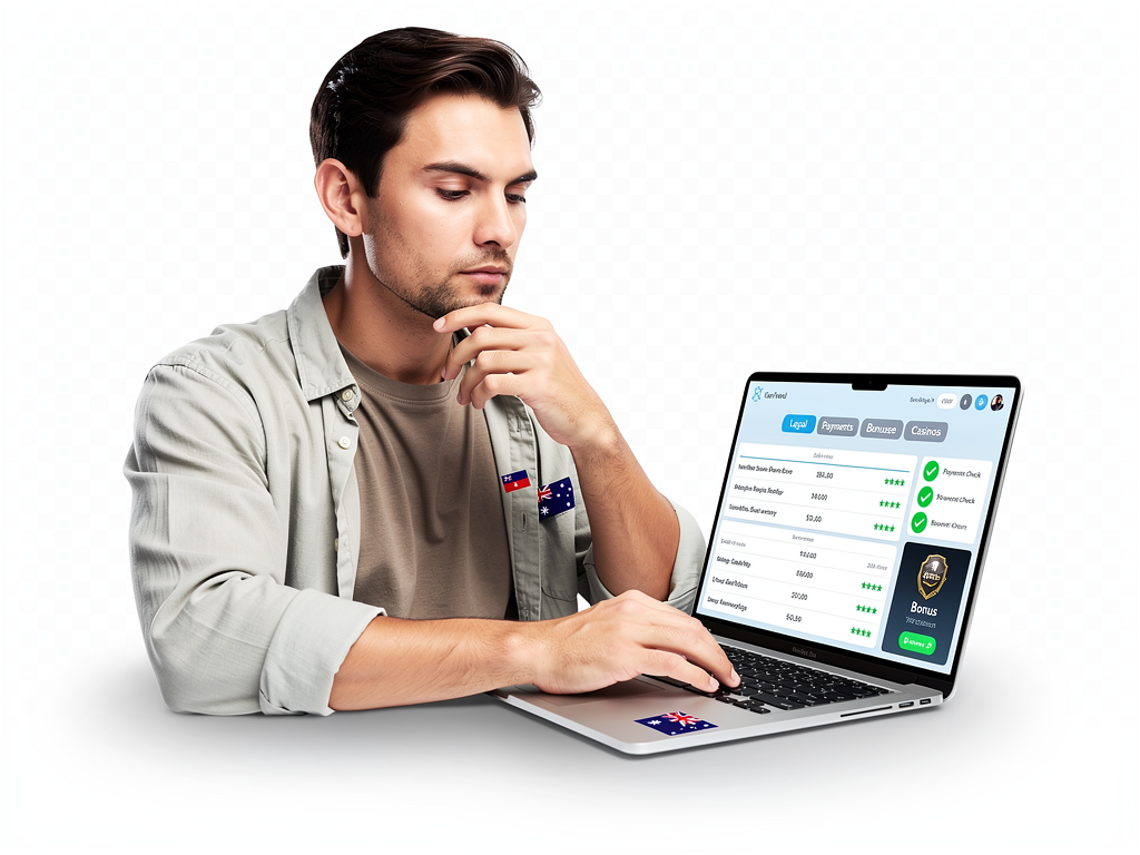 A careful Australian player reviews legal options, payment checks, bonus reality and casino list sorting on a laptop.