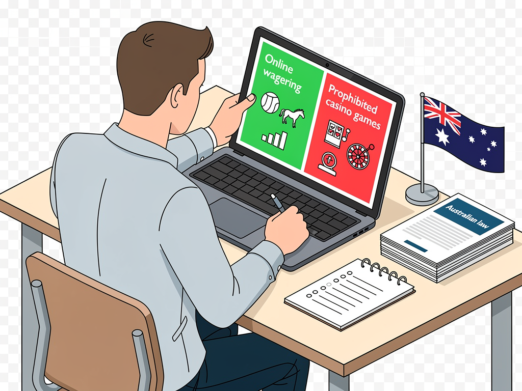 A careful Australian player reviews how Australian law separates online wagering from prohibited casino games on a laptop.