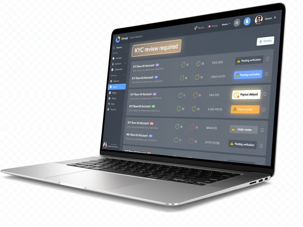 Mark repeated KYC or payout delays. on a laptop.