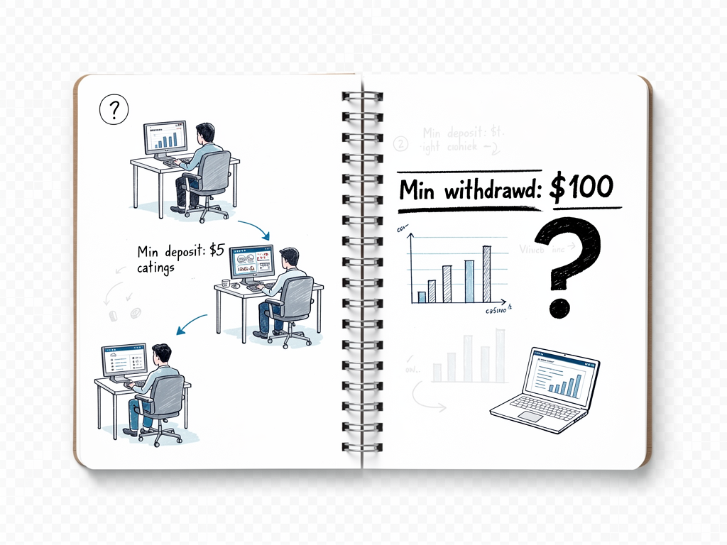 A notebook show players seeing a tiny minimum deposit and missing the withdrawal minimum during casino research.