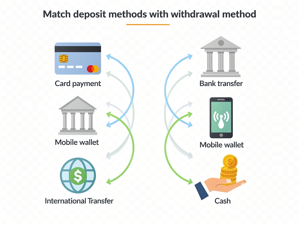 Match deposit methods with withdrawal methods.