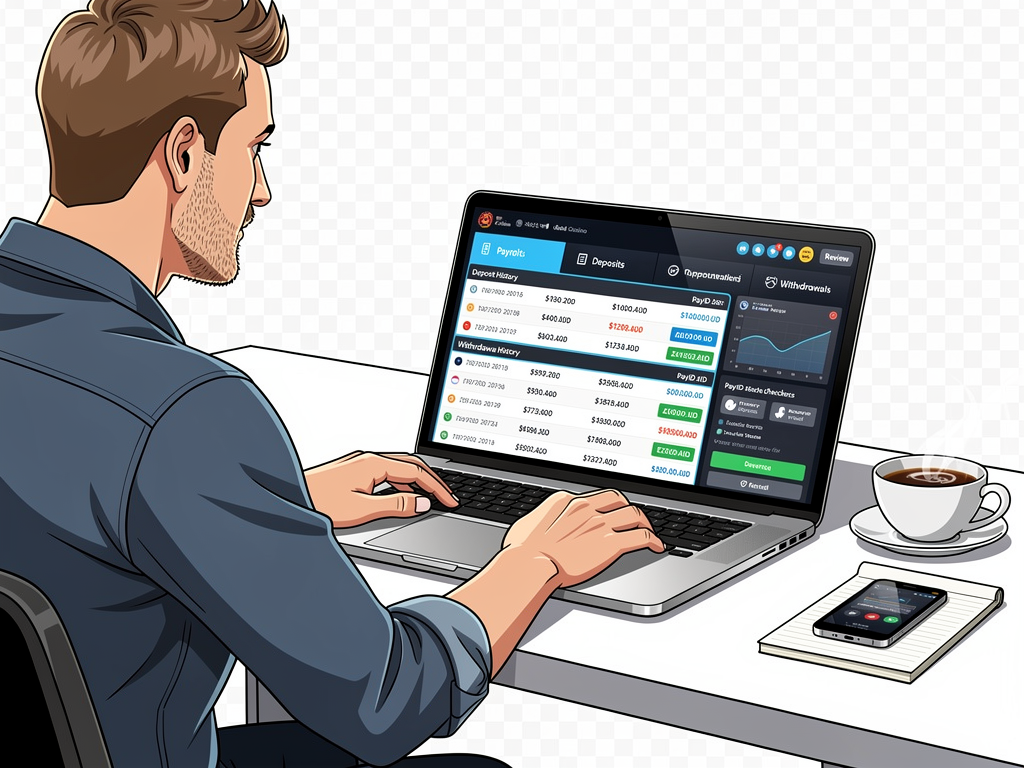 Australian player reviews deposit and withdrawal checks around PayID casino claims on a laptop.